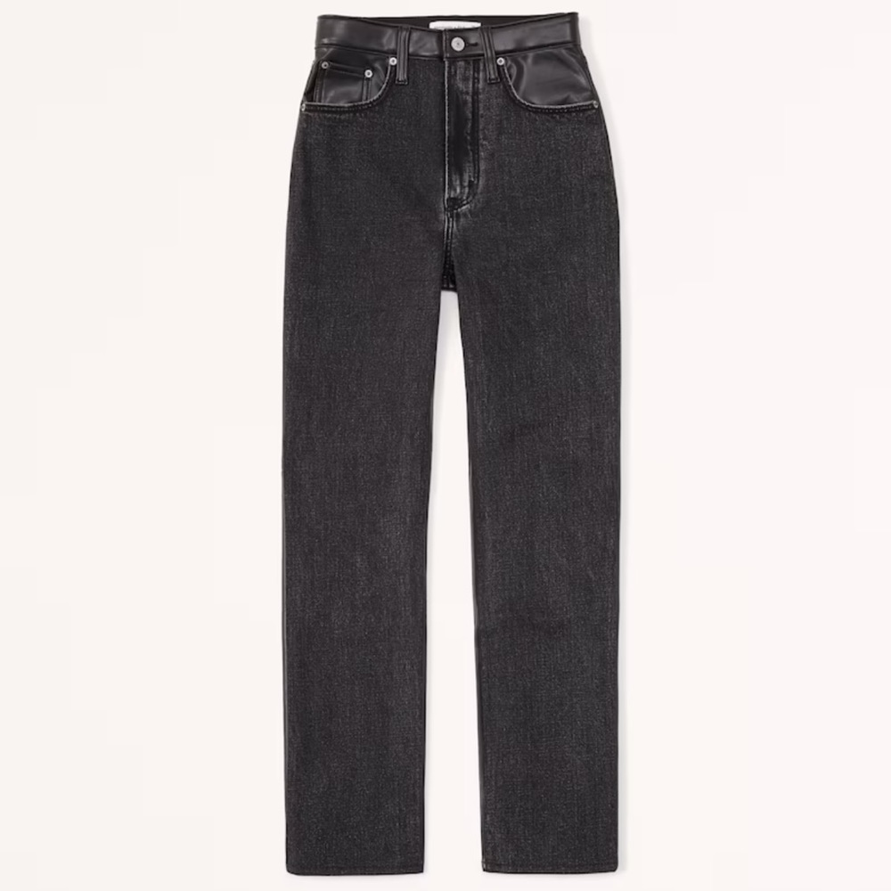 Mixed Fabric Leather and Denim Ultra High Rise Ankle Straight Jean